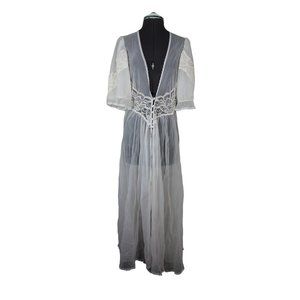 Apostrophe women's vintage puff sleeve sheer lace‎ peignoir boudoir robe